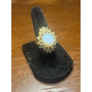 Opal Glass Cocktail Ring 18k Gold Plated Rhinestone Halo Size 5